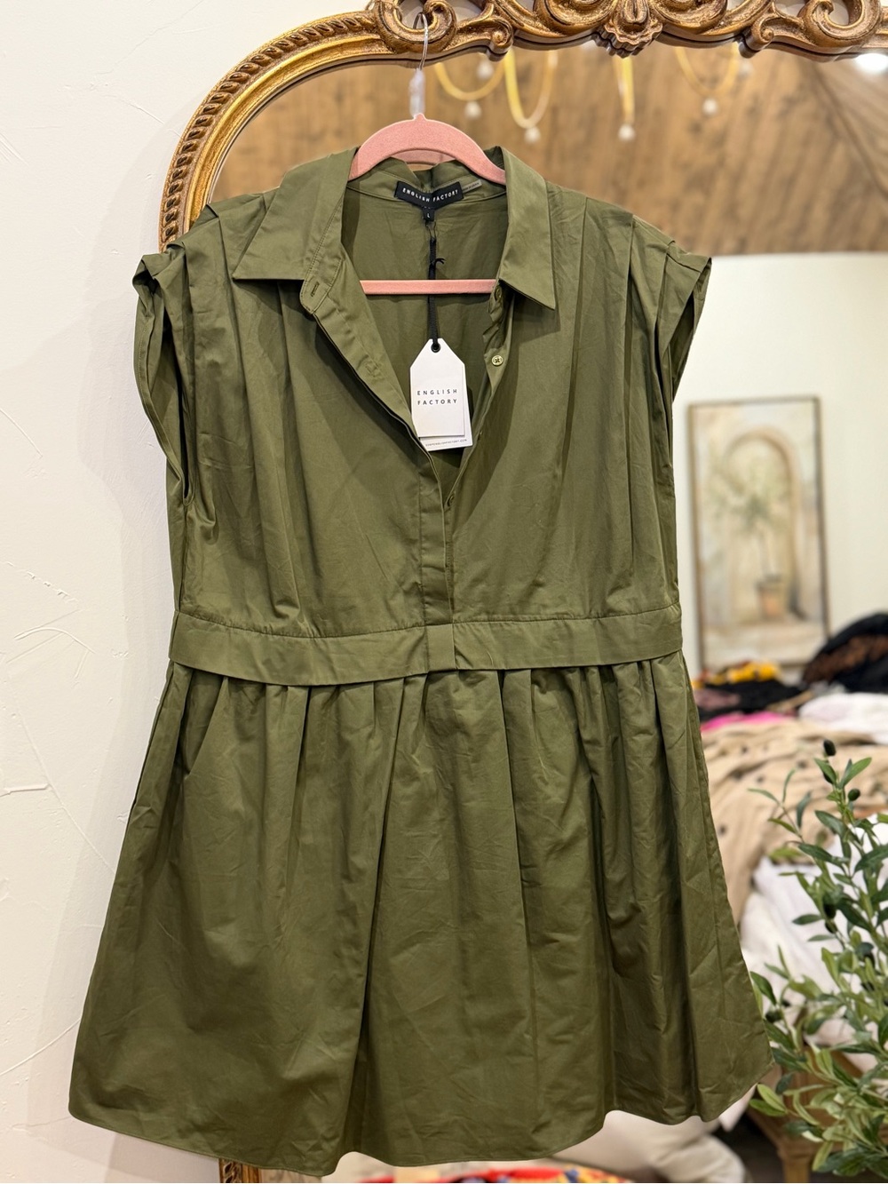 English Factory Olive Green Pleated Cap-Sleeve Shirt Dress